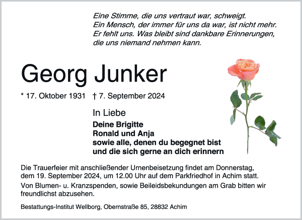 Traueranzeige von Georg Junker von Achimer Kurier/Verdener Nachrichten