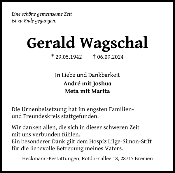 Traueranzeige von Gerald Wagschal von Die Norddeutsche