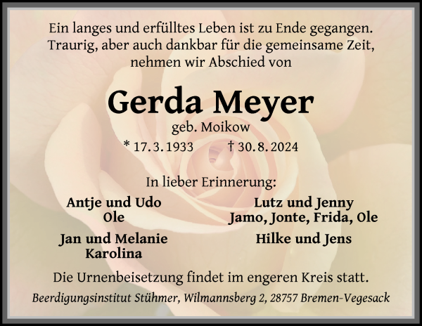 Traueranzeige von Gerda Meyer von Die Norddeutsche