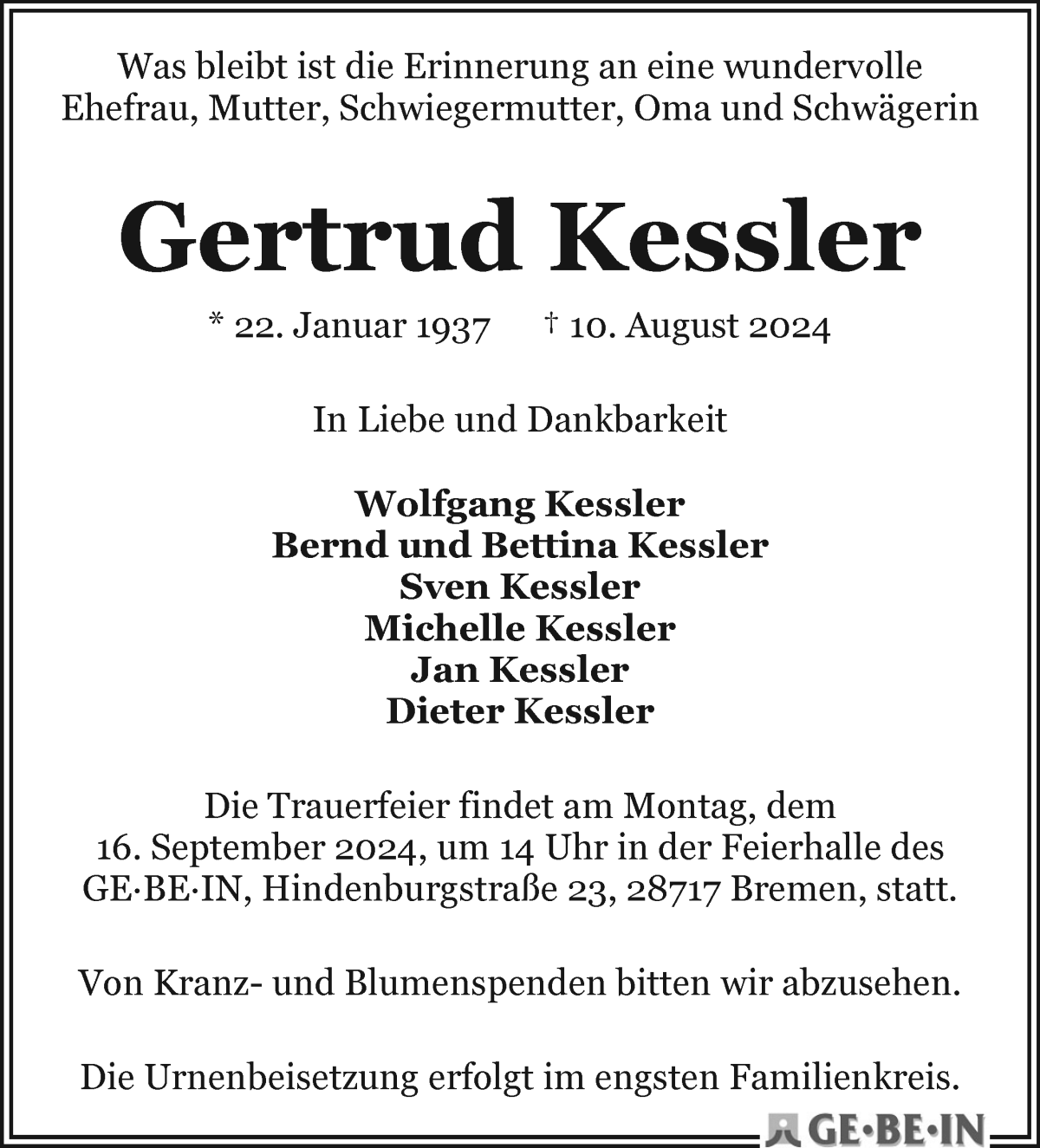 Traueranzeige von Gertrud Kessler von WESER-KURIER