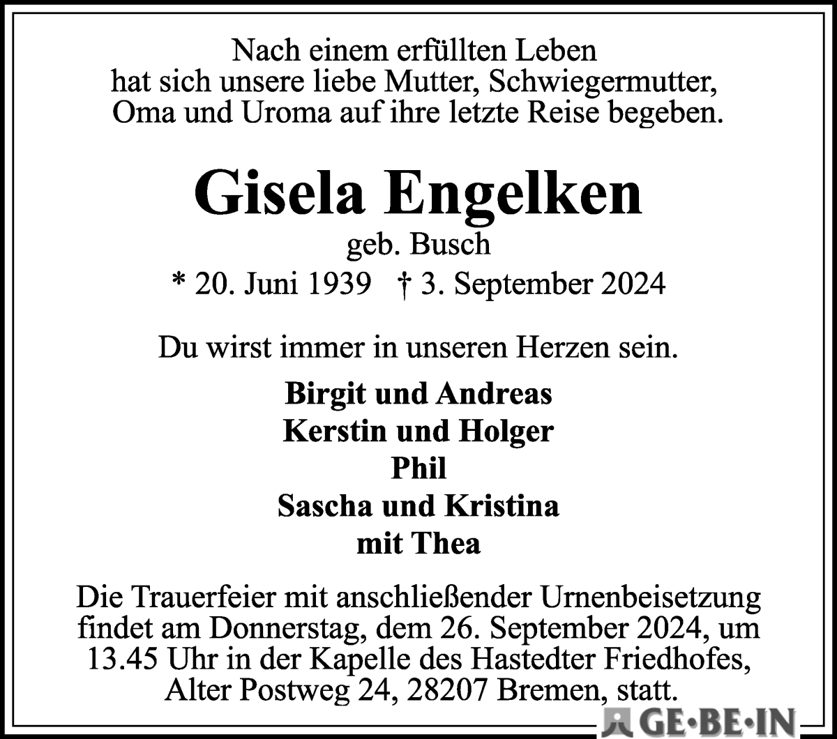 Traueranzeige von Gisela Engelken von WESER-KURIER