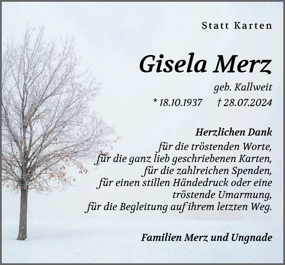 Traueranzeige von Gisela Merz von WESER-KURIER