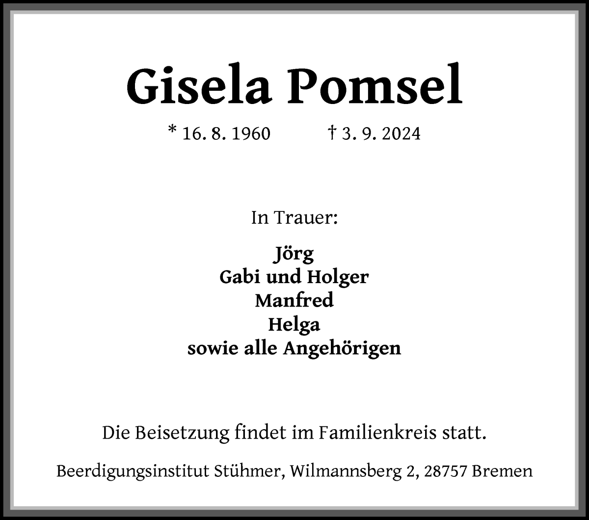 Traueranzeige von Gisela Pomsel von Die Norddeutsche