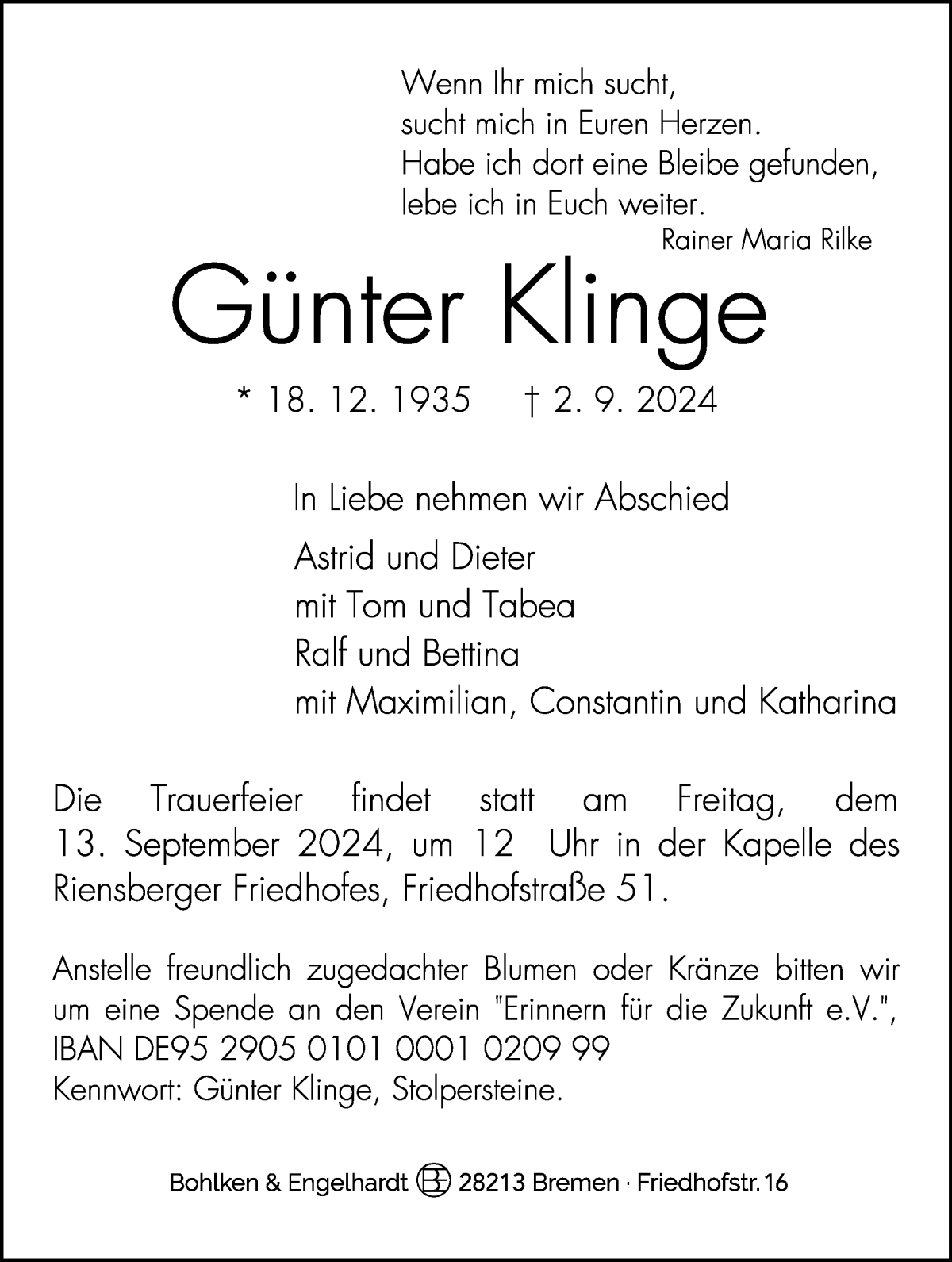 Traueranzeige von Günter Klinge von WESER-KURIER