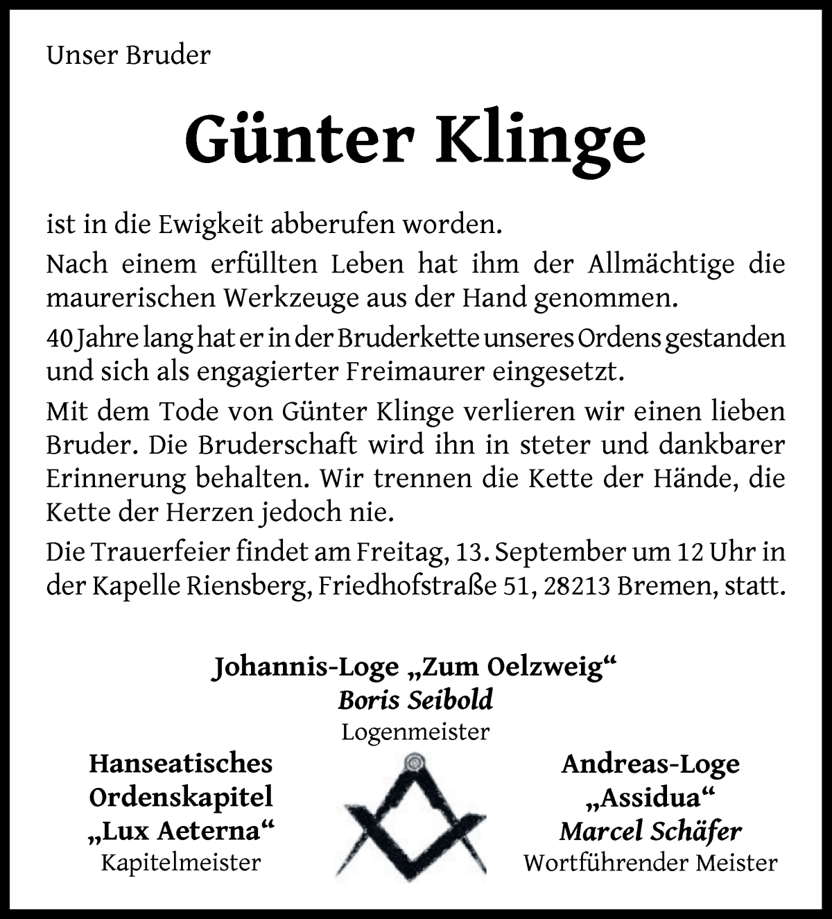 Traueranzeige von Günter Klinge von WESER-KURIER