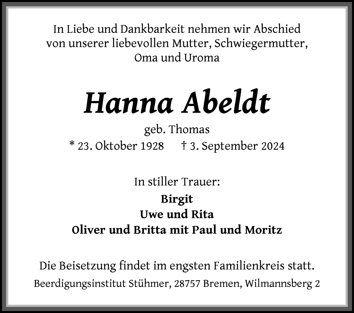 Traueranzeige von Hanna Abeldt von Die Norddeutsche