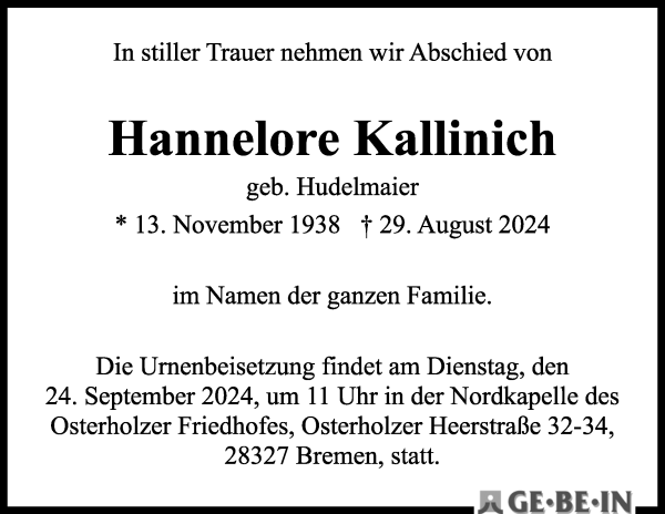 Traueranzeige von Hannelore Kallinich von WESER-KURIER