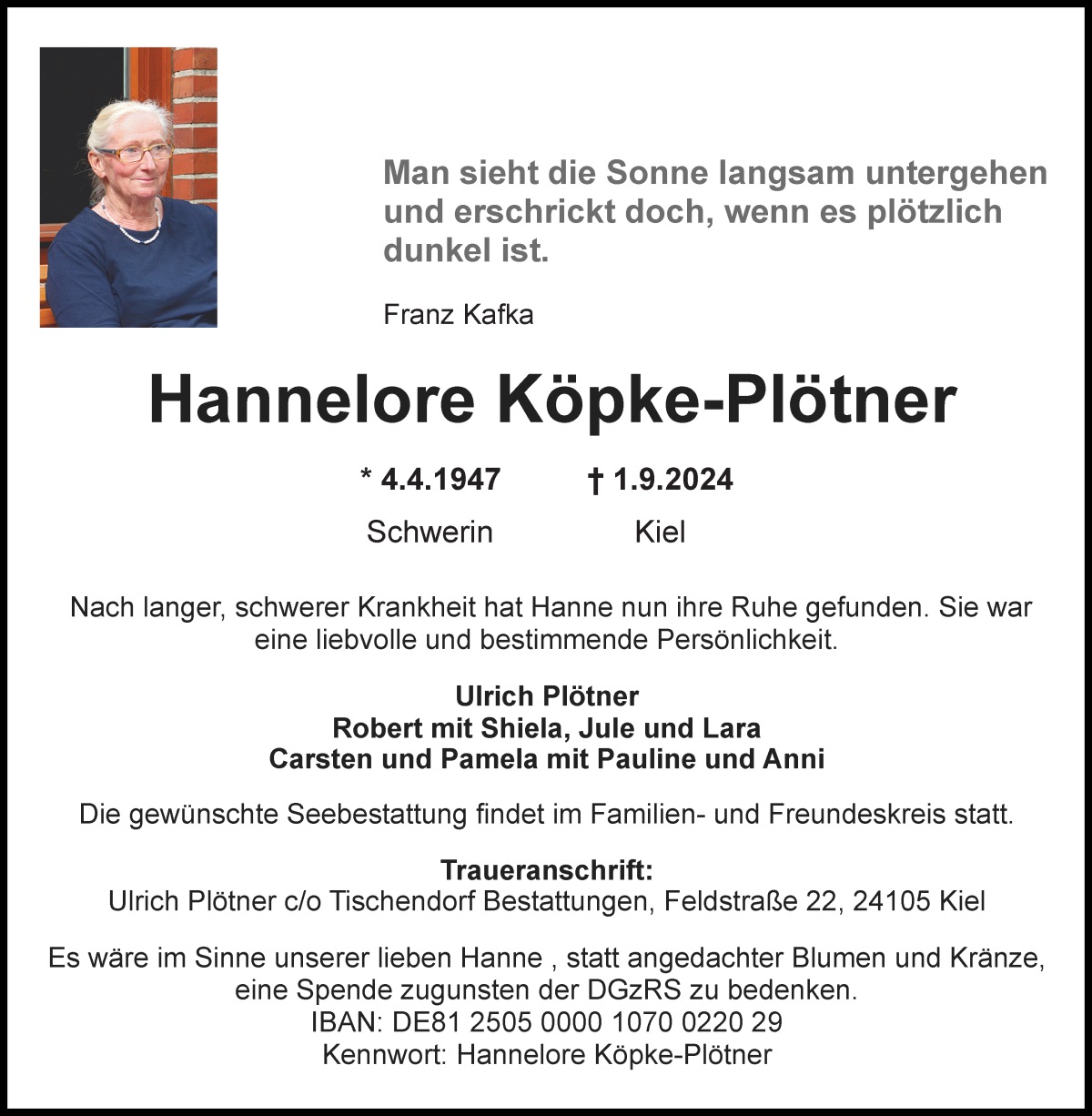 Traueranzeige von Hannelore Köpke-Plötner von WESER-KURIER