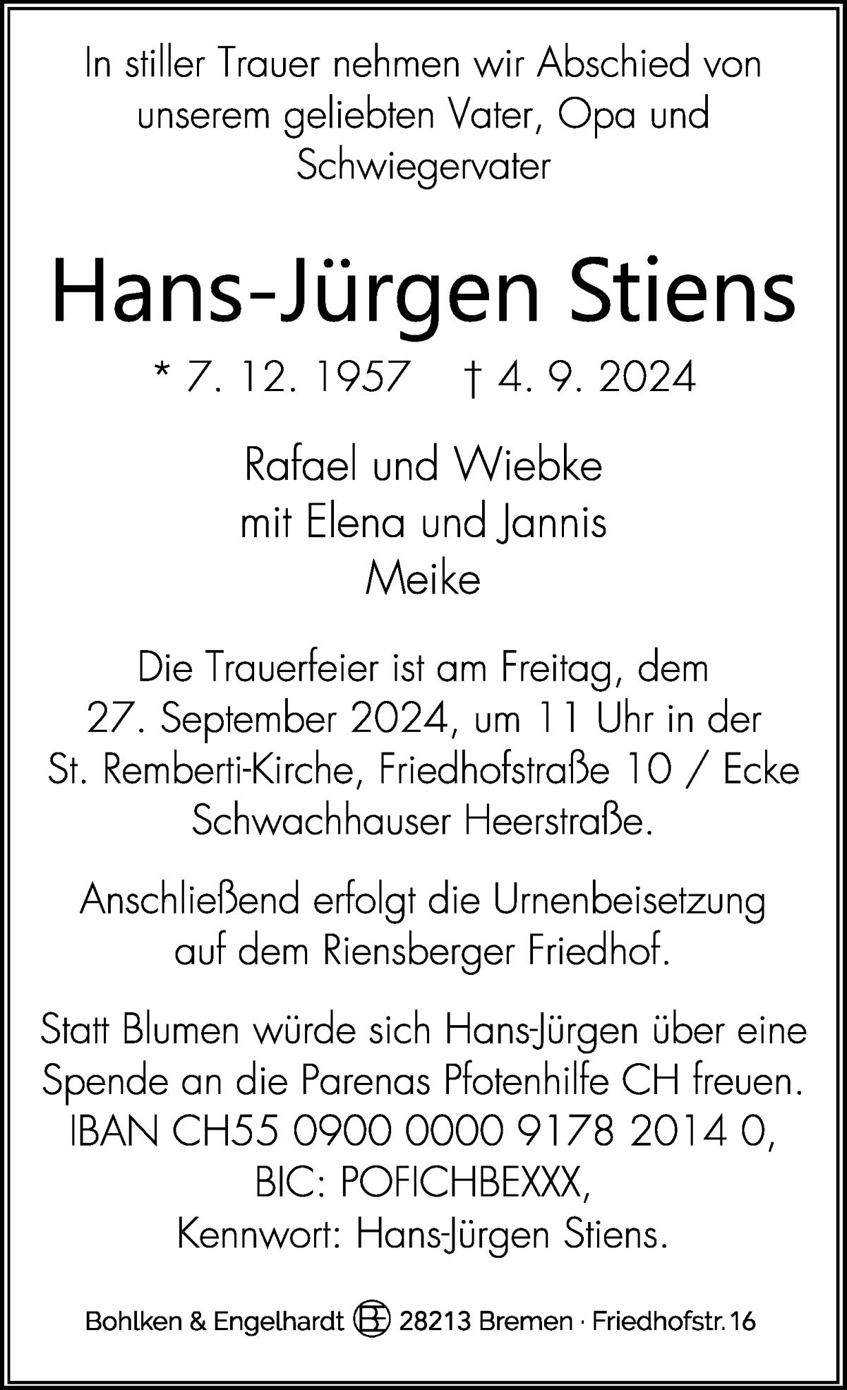 Traueranzeige von Hans-Jügen Stiens von WESER-KURIER