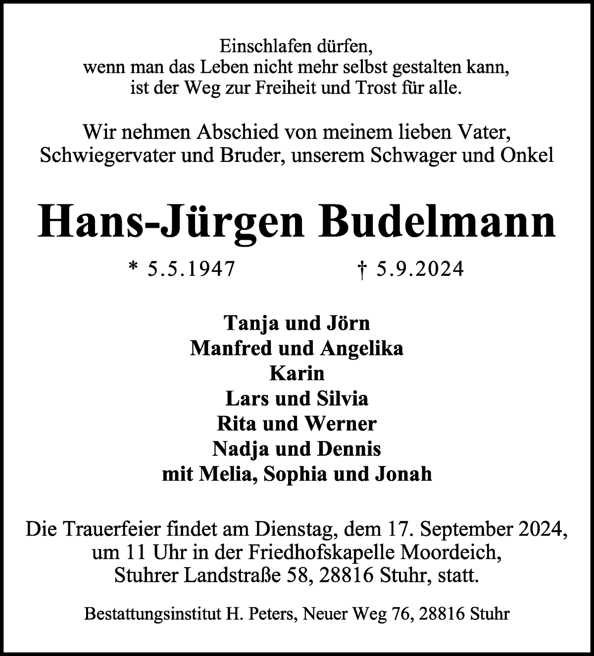 Traueranzeige von Hans-Jürgen Budelmann von WESER-KURIER