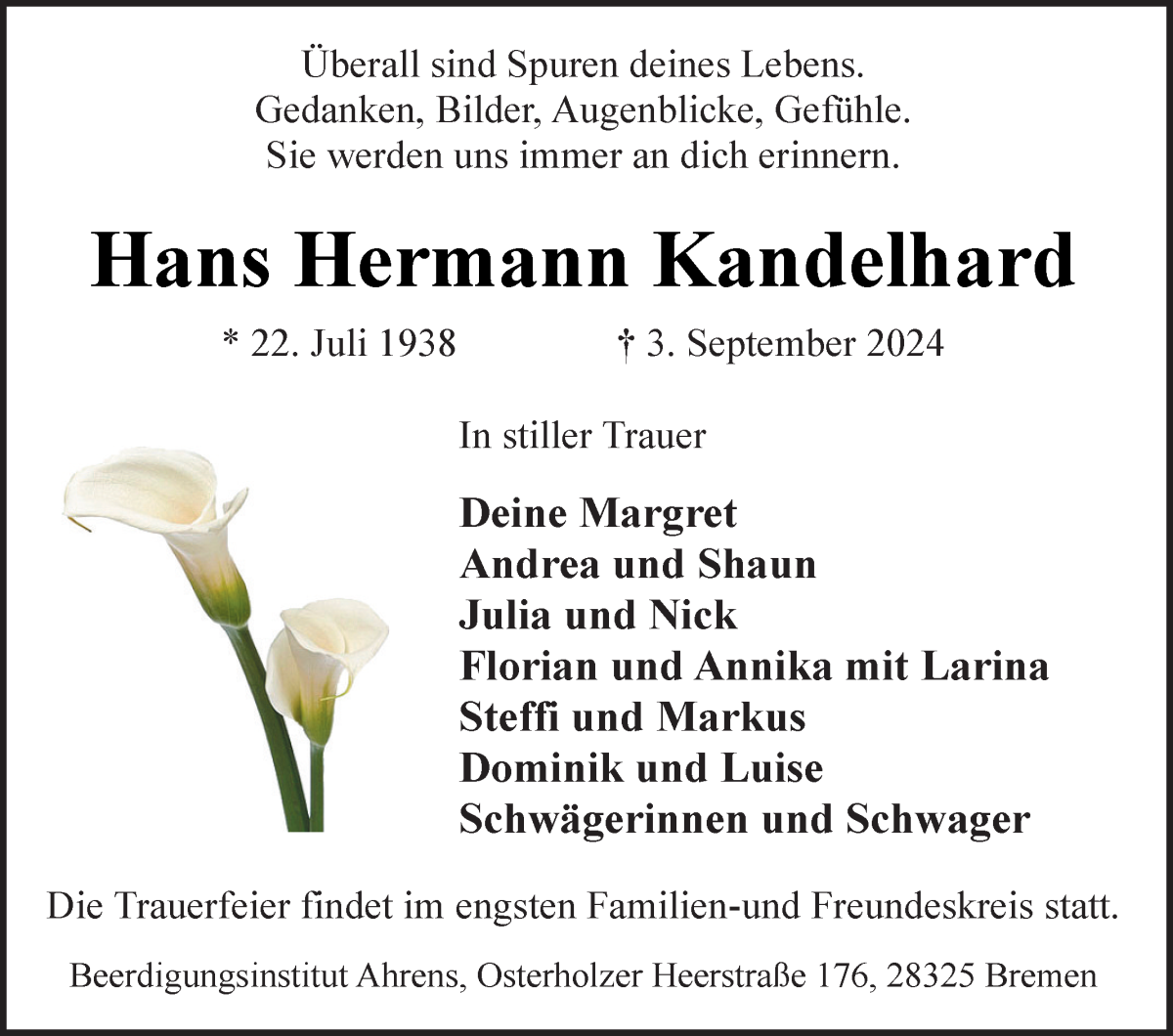 Traueranzeige von Hans Hermann Kandelhard von WESER-KURIER