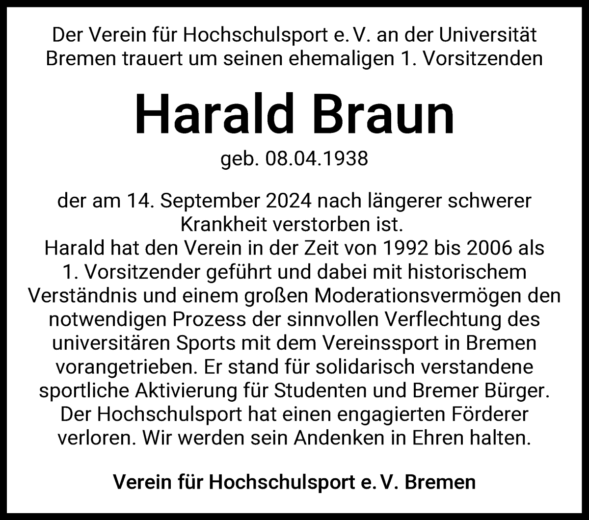 Traueranzeige von Harald Braun von WESER-KURIER