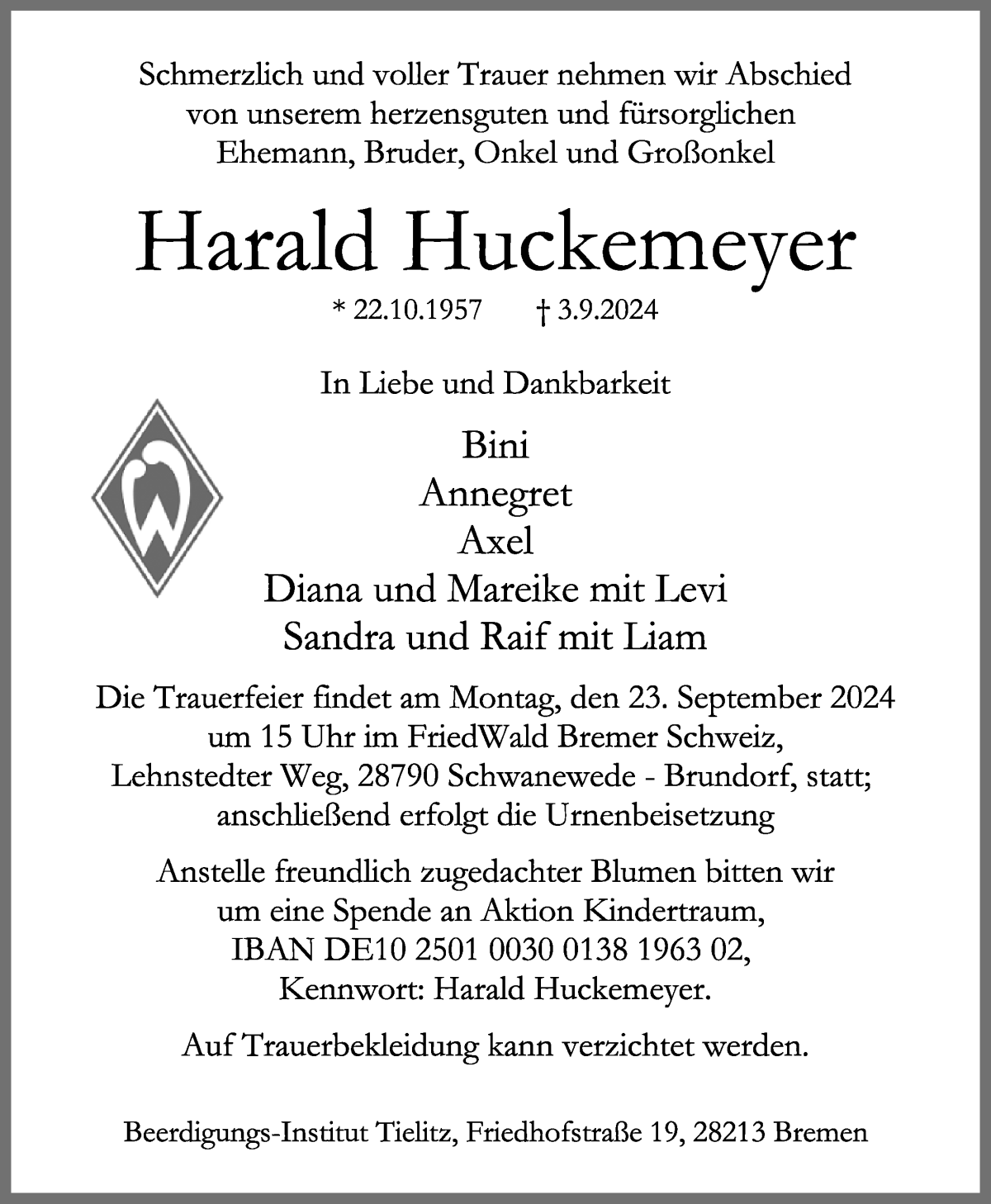 Traueranzeige von Harald Huckemeyer von WESER-KURIER