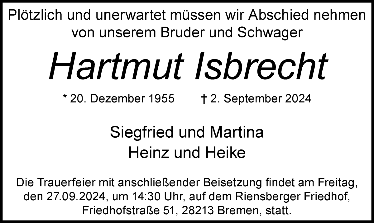 Traueranzeige von Hartmut Isbrecht von WESER-KURIER