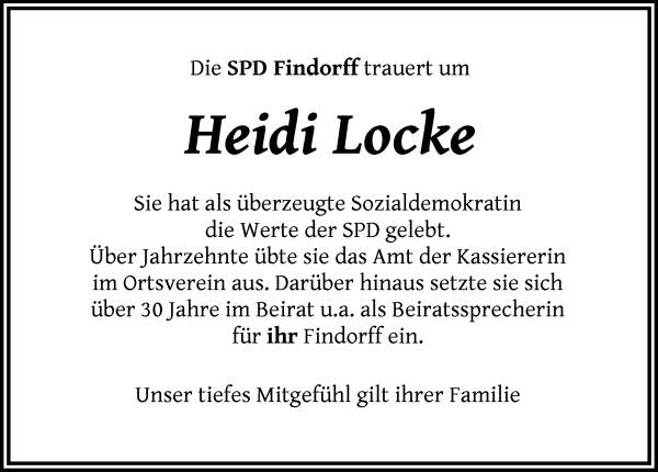 Traueranzeige von Heidi Locke von WESER-KURIER