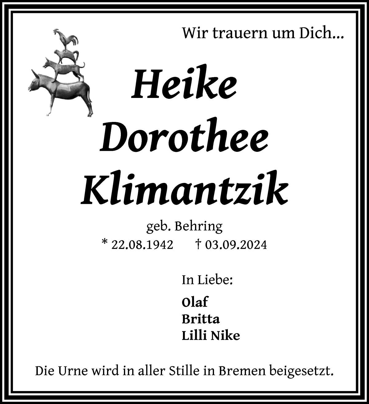 Traueranzeige von Heike Dorothee Klimantzik von WESER-KURIER