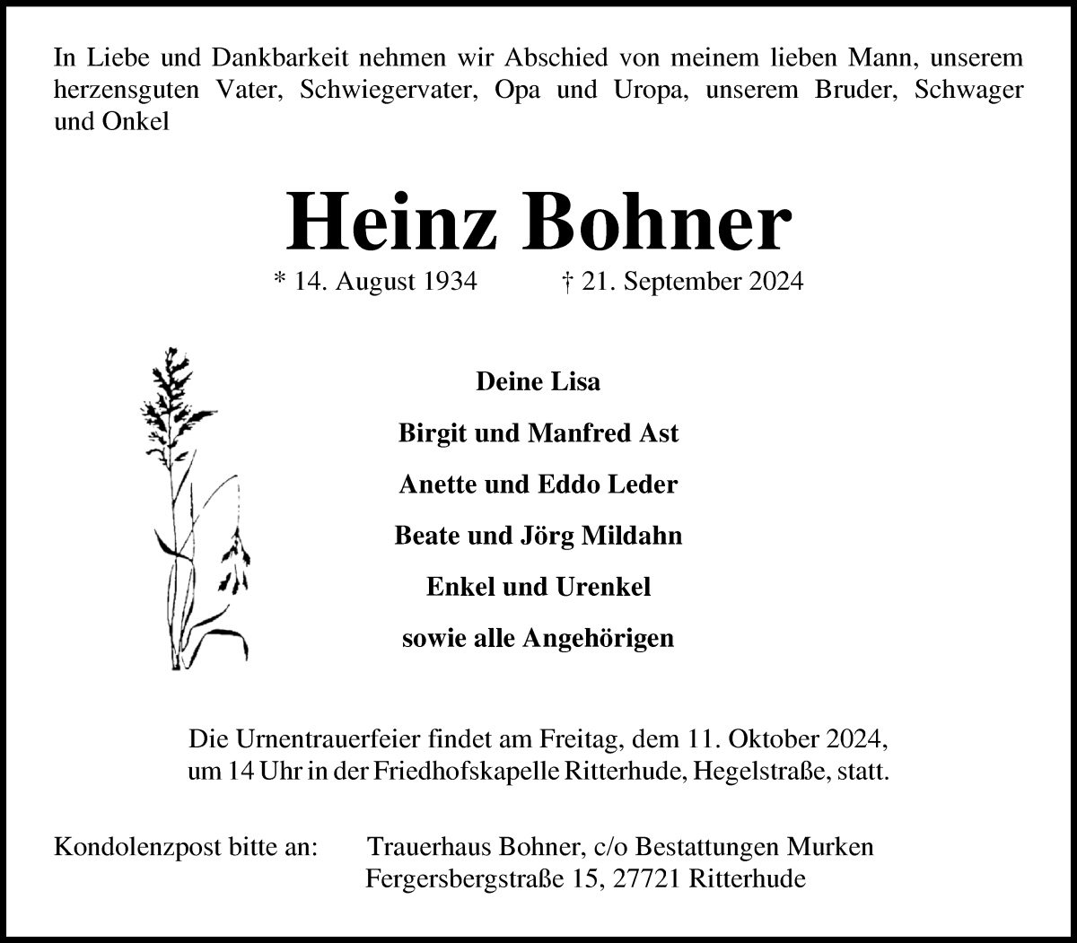 Traueranzeige von Heinz Bohner von Osterholzer Kreisblatt