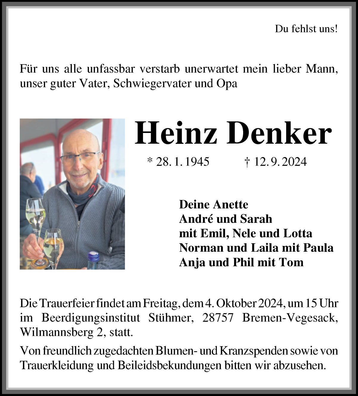  Traueranzeige für Heinz Denker vom 21.09.2024 aus Die Norddeutsche