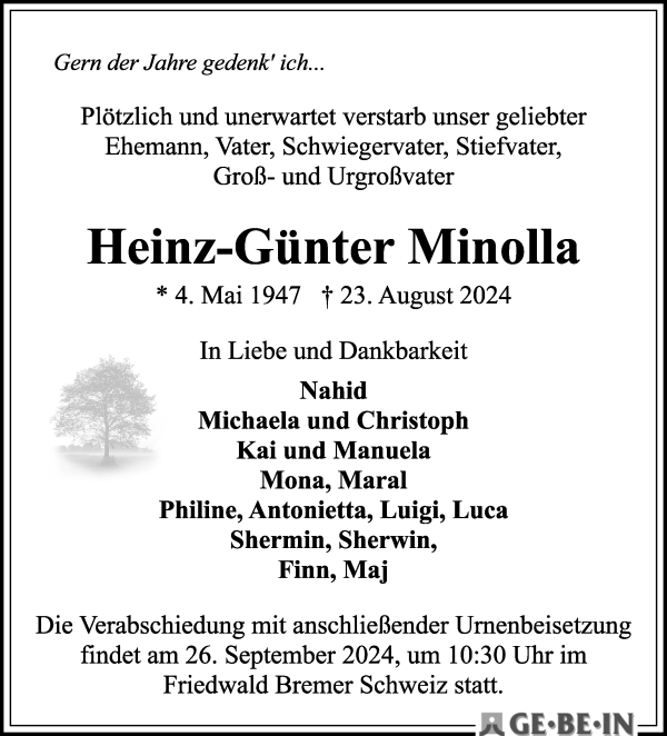 Traueranzeige von Heinz-Günter Minolla von WESER-KURIER