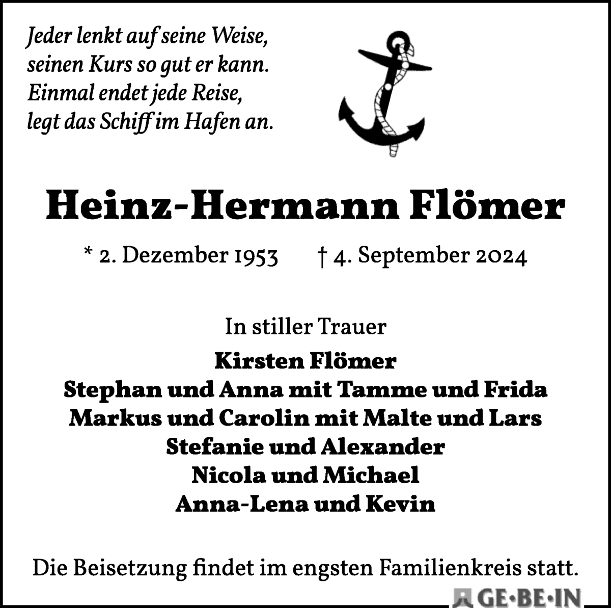 Traueranzeige von Heinz-Hermann Flömer von WESER-KURIER