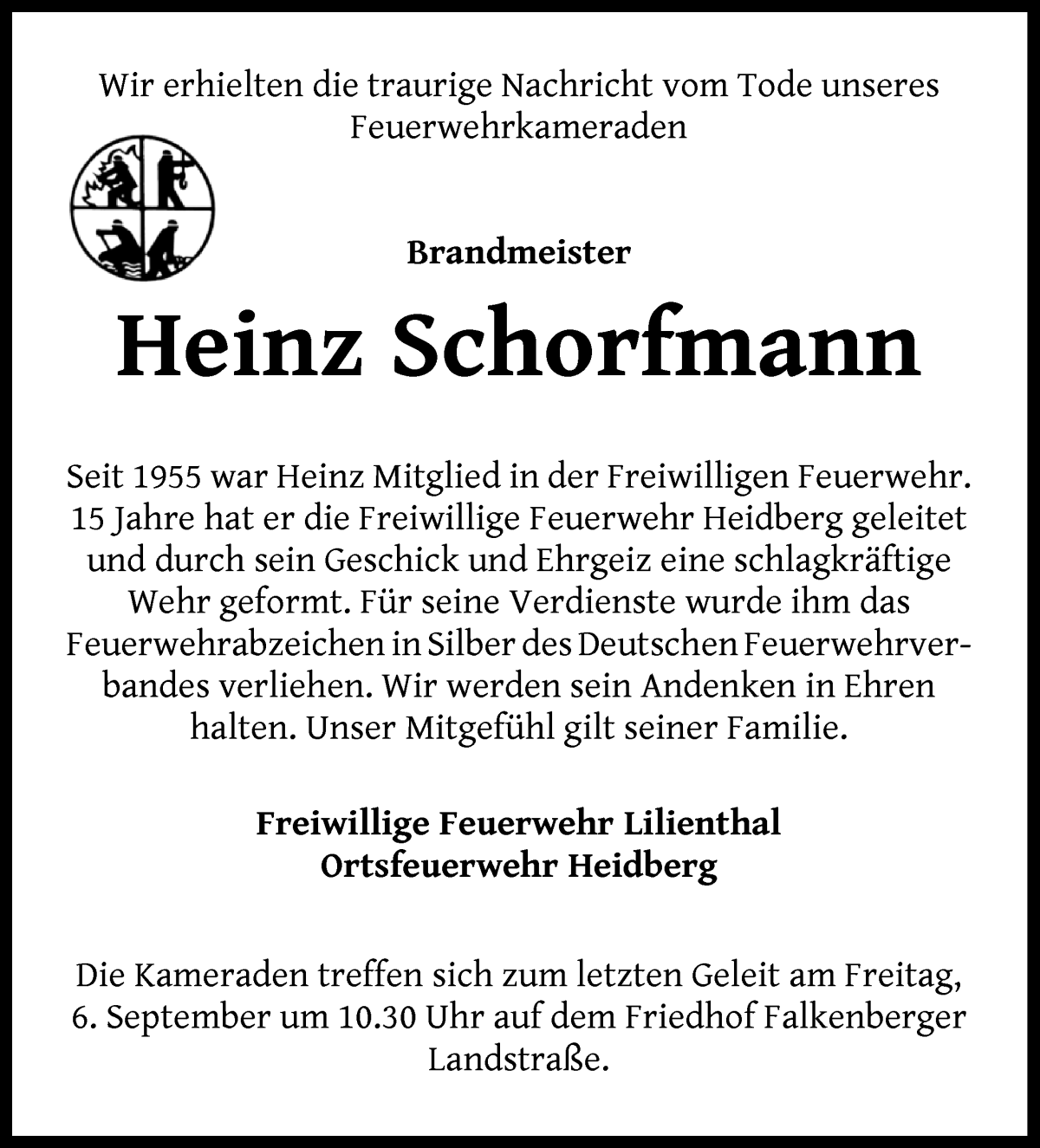 Traueranzeige von Heinz Schorfmann von Wuemme Zeitung