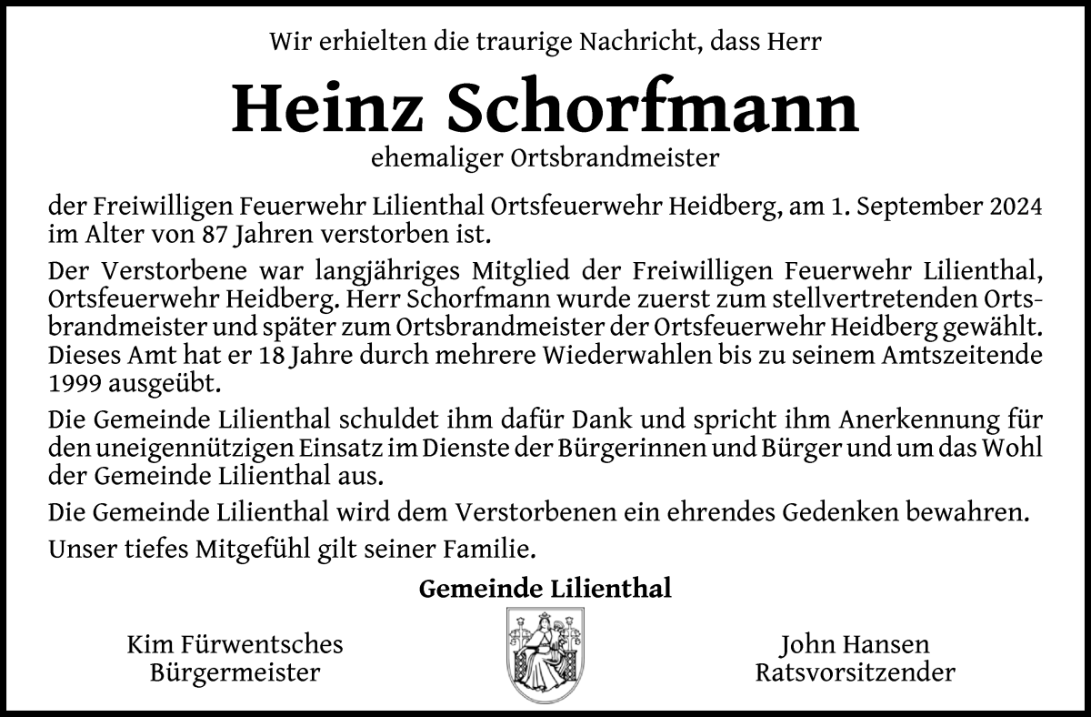 Traueranzeige von Heinz Schorfmann von Wuemme Zeitung