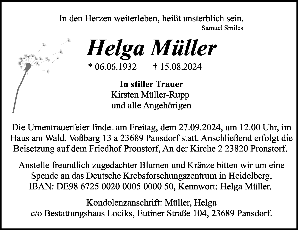 Traueranzeige von Helga Müller von WESER-KURIER