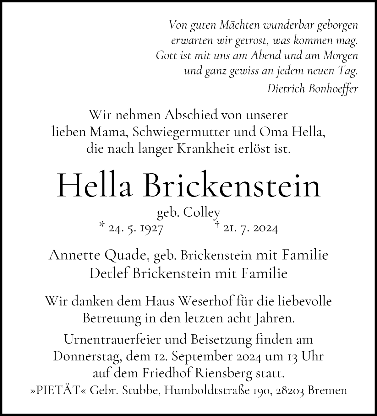 Traueranzeige von Hella Brickenstein von WESER-KURIER