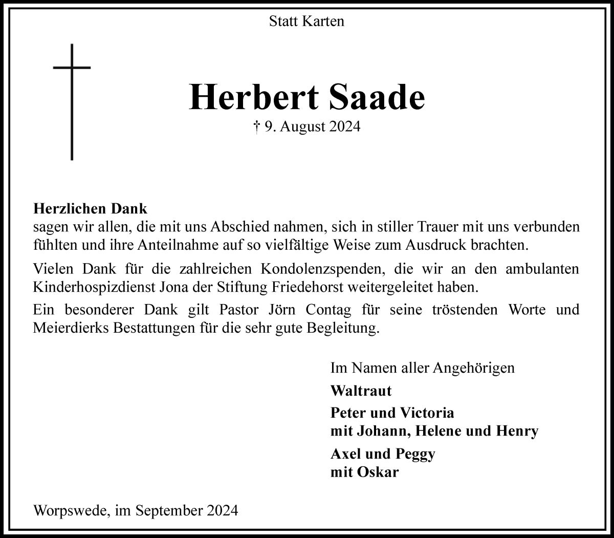 Traueranzeige von Herbert Saade von Wuemme Zeitung