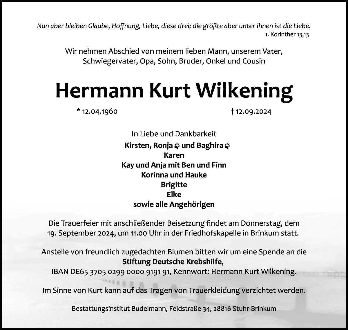 Traueranzeige von Hermann Kurt Wilkening von Regionale Rundschau/Syker Kurier