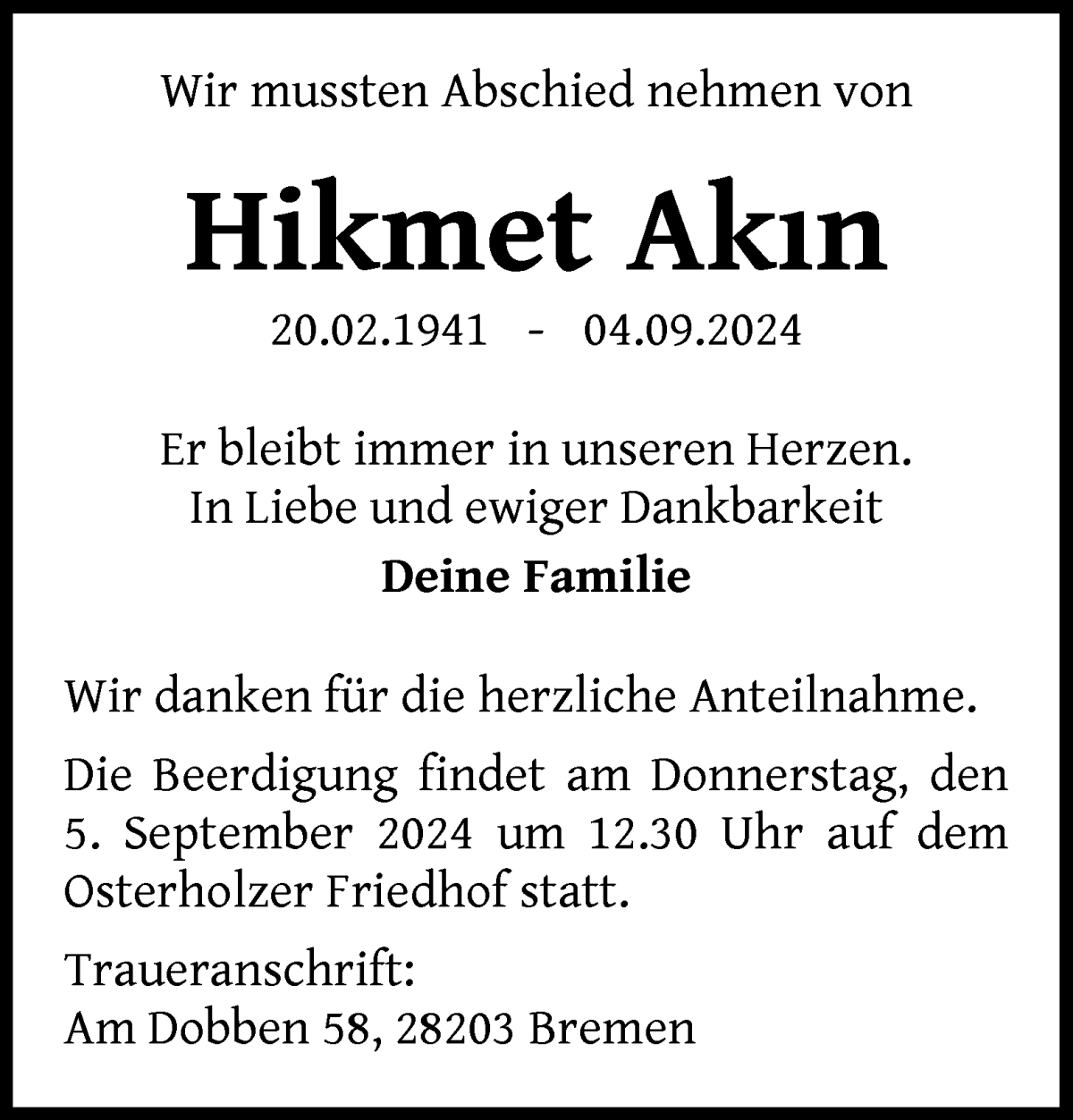 Traueranzeige von Hikmet Akin von WESER-KURIER