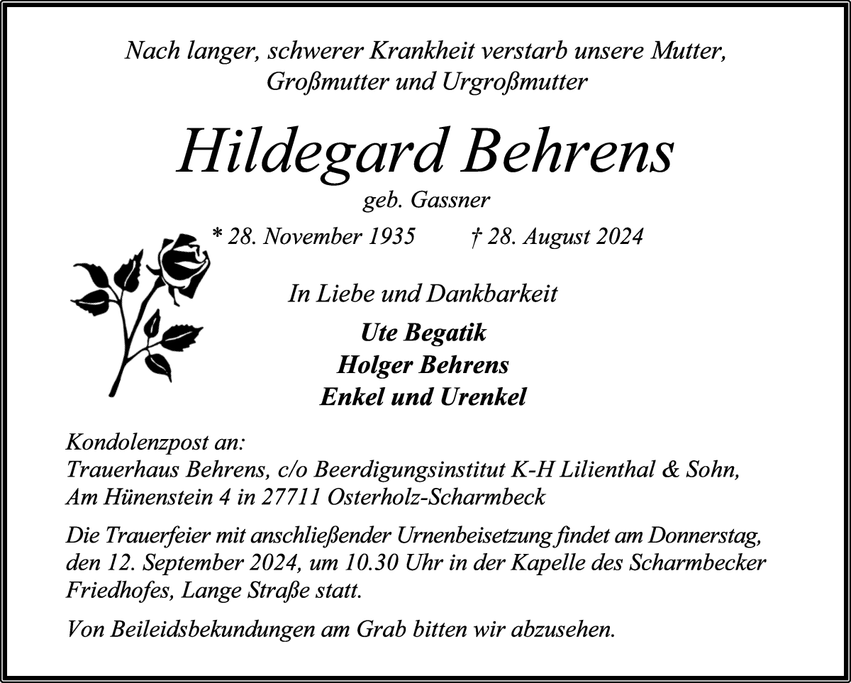 Traueranzeige von Hildegard Behrens von Osterholzer Kreisblatt