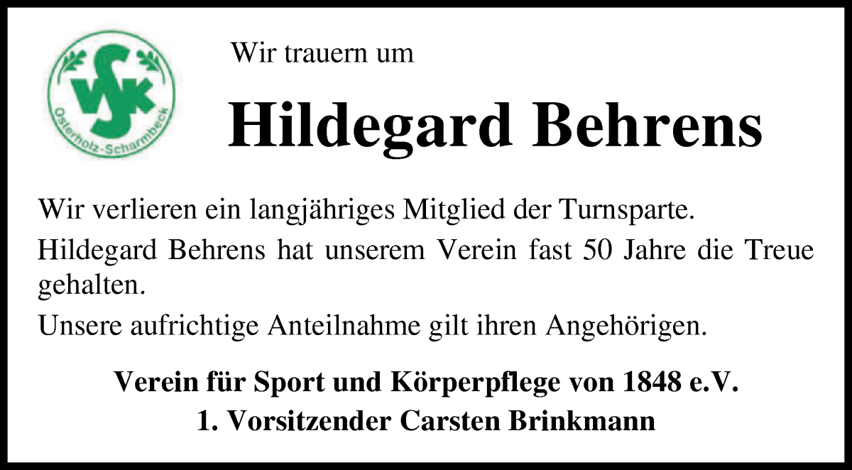 Traueranzeige von Hildegard Behrens von Osterholzer Kreisblatt