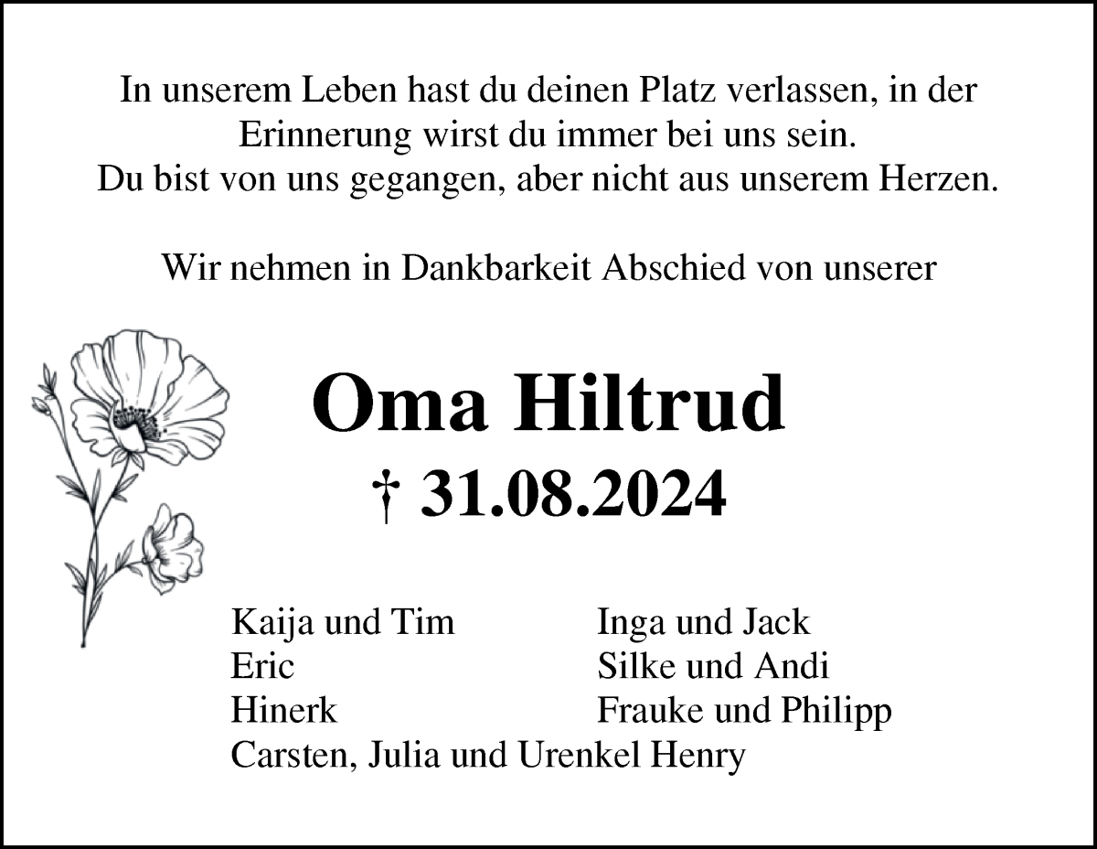  Traueranzeige für Hiltrud Mehrtens vom 04.09.2024 aus Osterholzer Kreisblatt