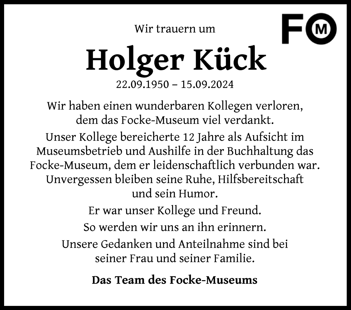 Traueranzeige von Holger Kück von WESER-KURIER