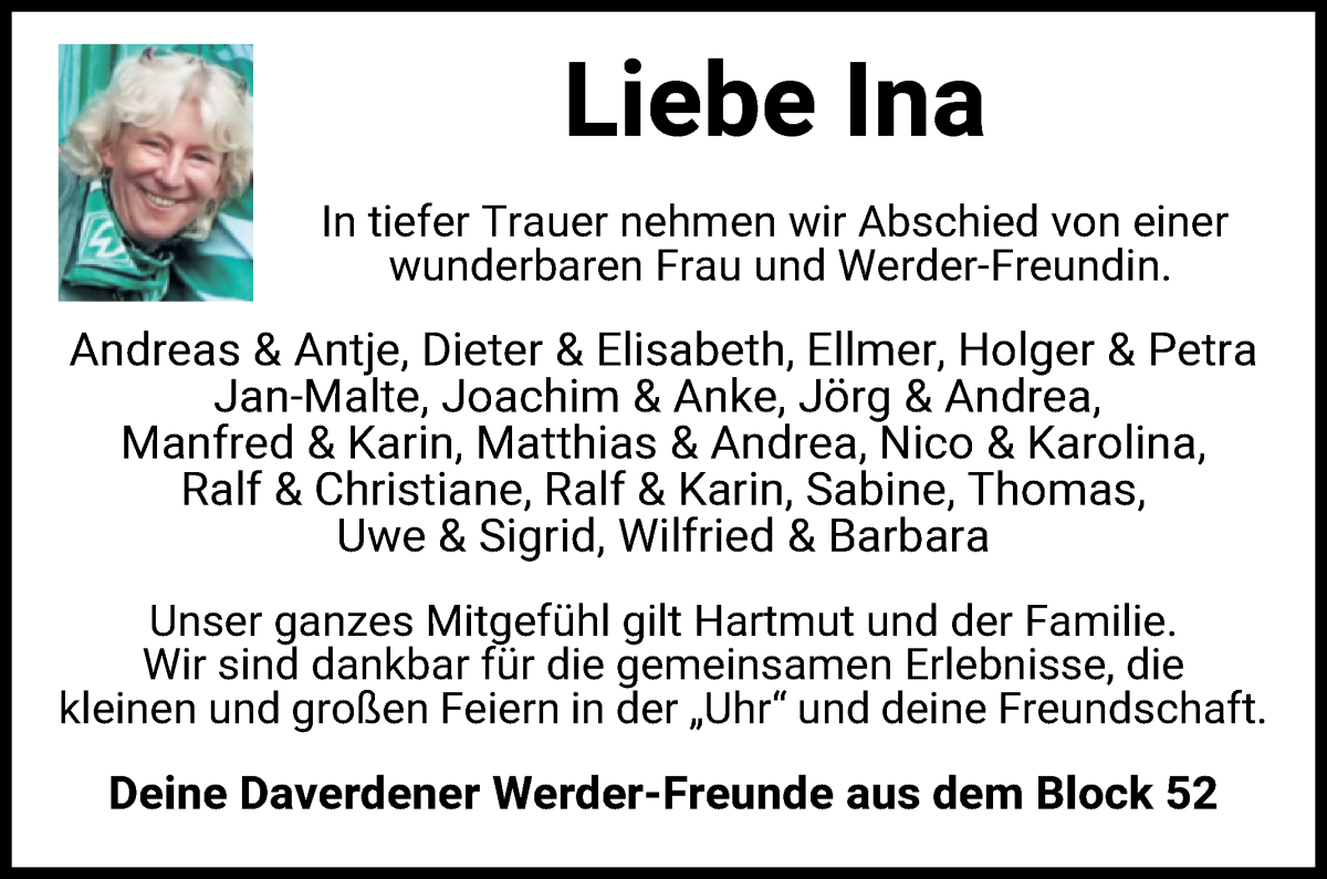  Traueranzeige für Ina Hora vom 14.09.2024 aus WESER-KURIER