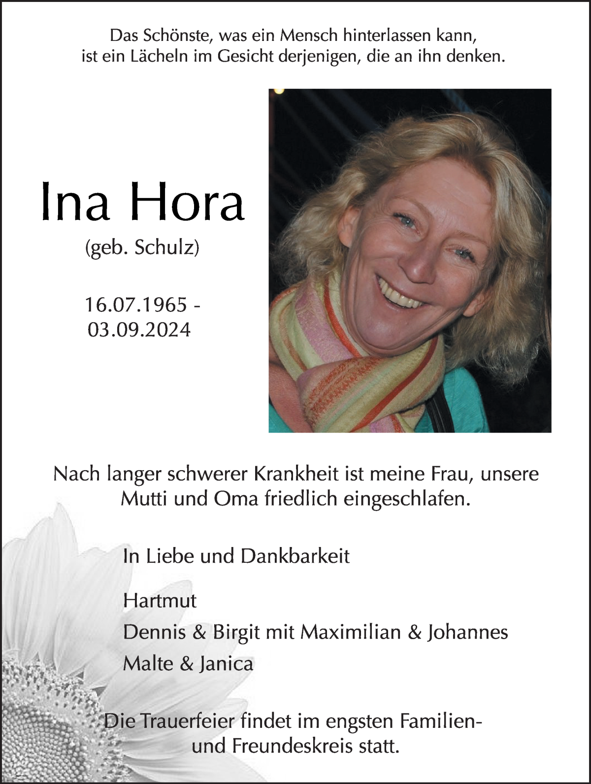  Traueranzeige für Ina Hora vom 14.09.2024 aus WESER-KURIER