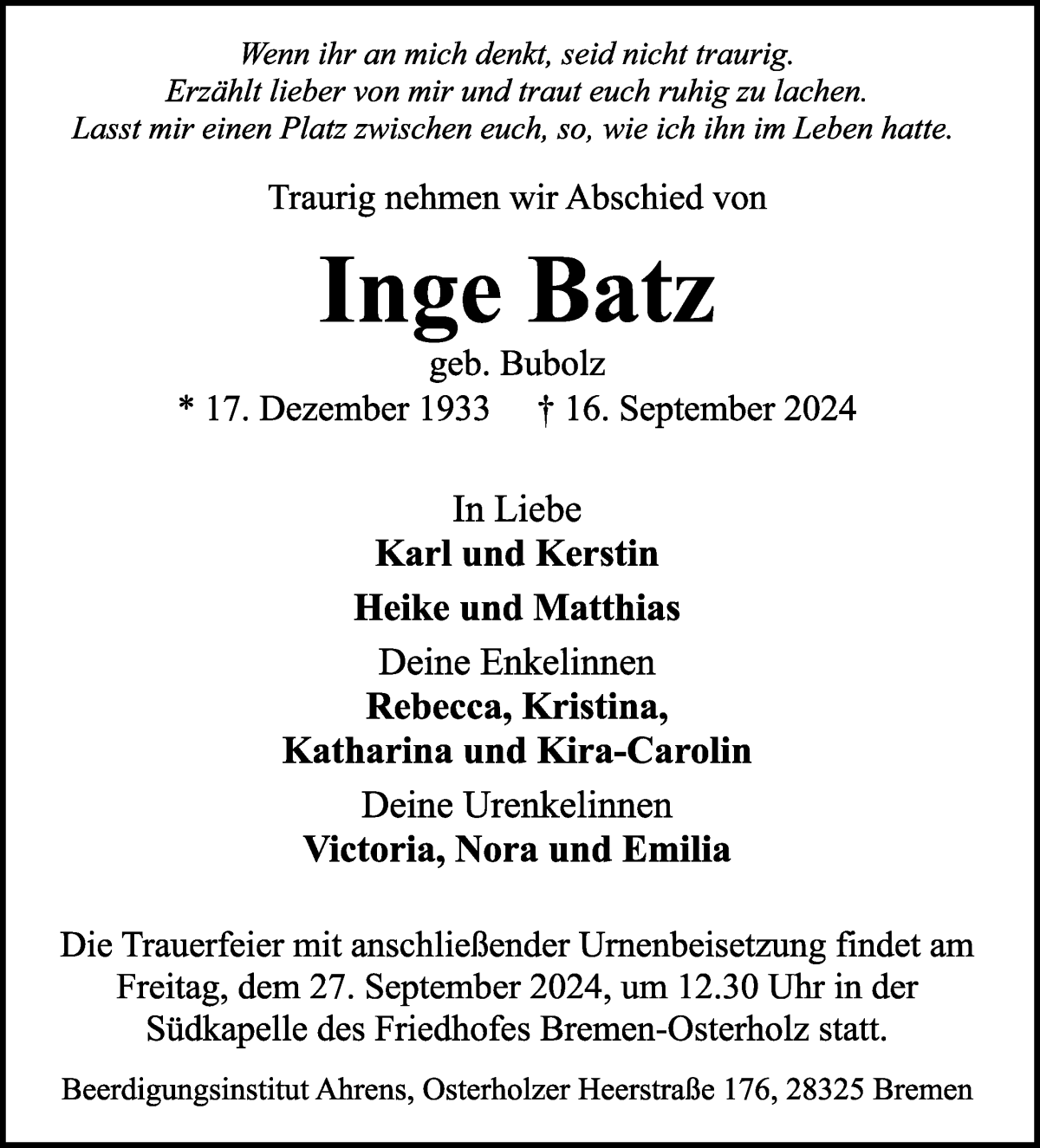 Traueranzeige von Inge Batz von WESER-KURIER