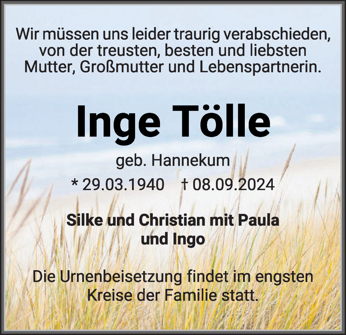 Traueranzeige von Inge Tölle von Osterholzer Kreisblatt