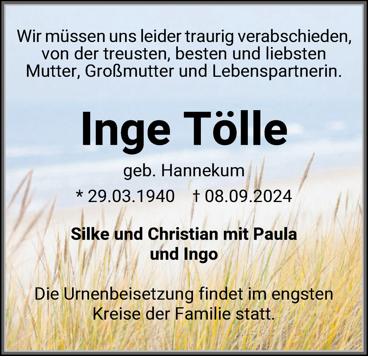 Traueranzeige von Inge Tölle von Die Norddeutsche