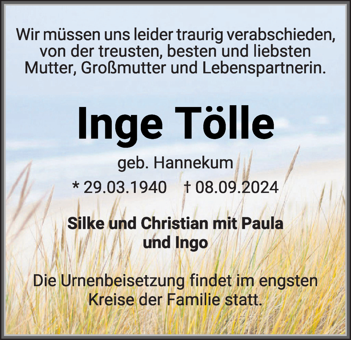 Traueranzeige von Inge Tölle von WESER-KURIER