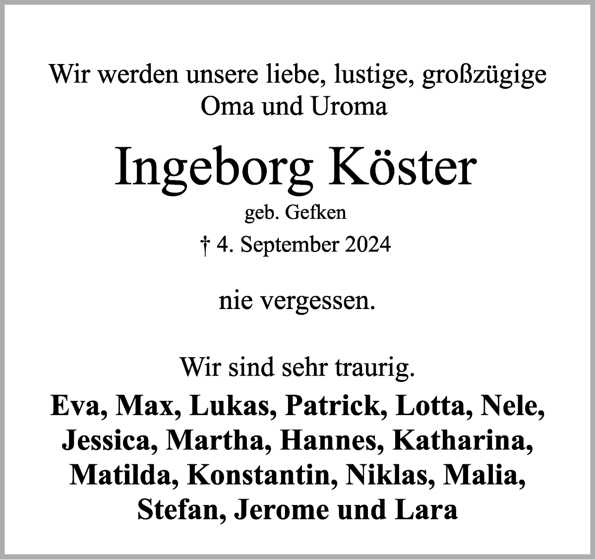 Traueranzeige von Ingeborg Köster von Osterholzer Kreisblatt