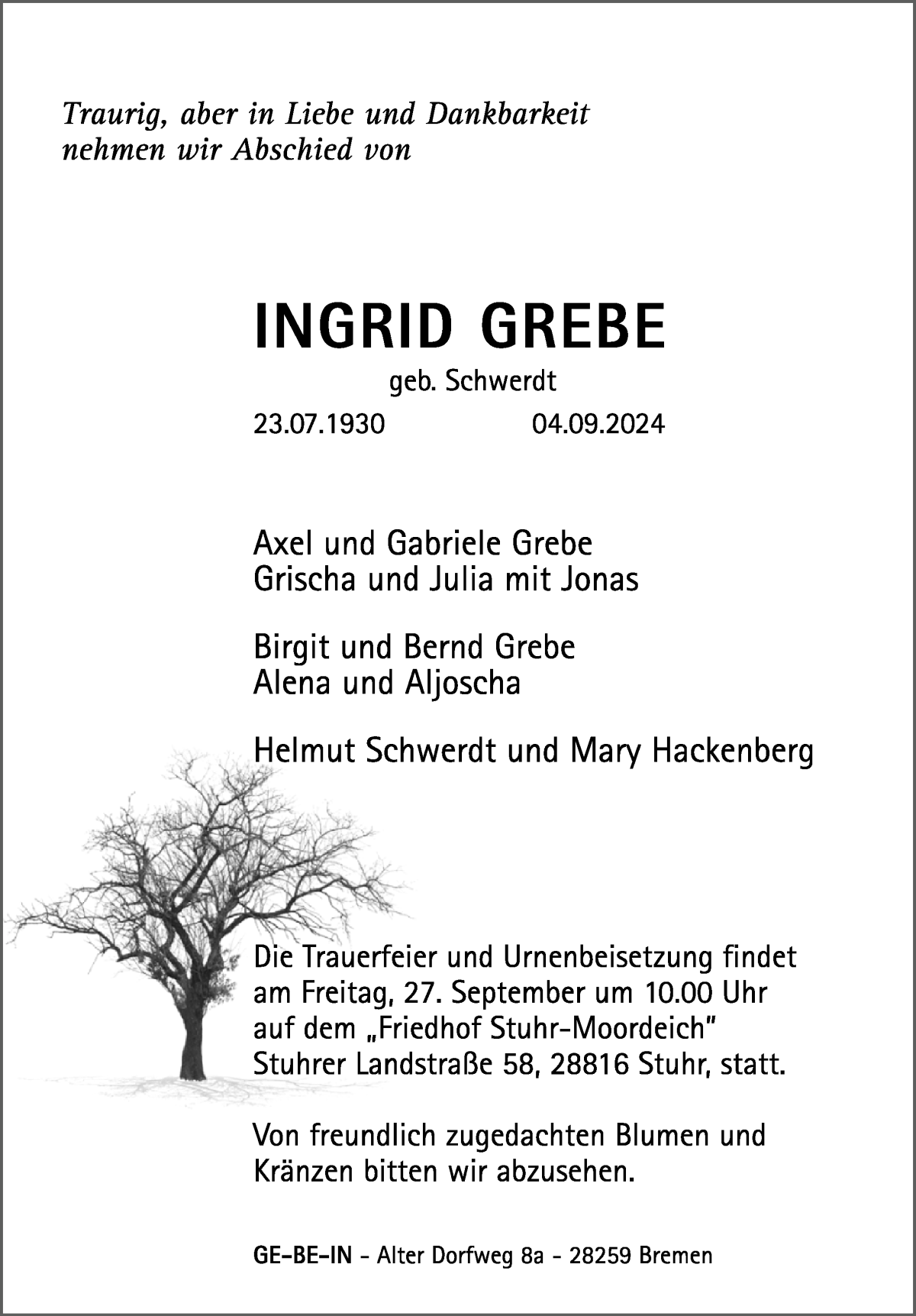 Traueranzeige von Ingrid Grebe von WESER-KURIER