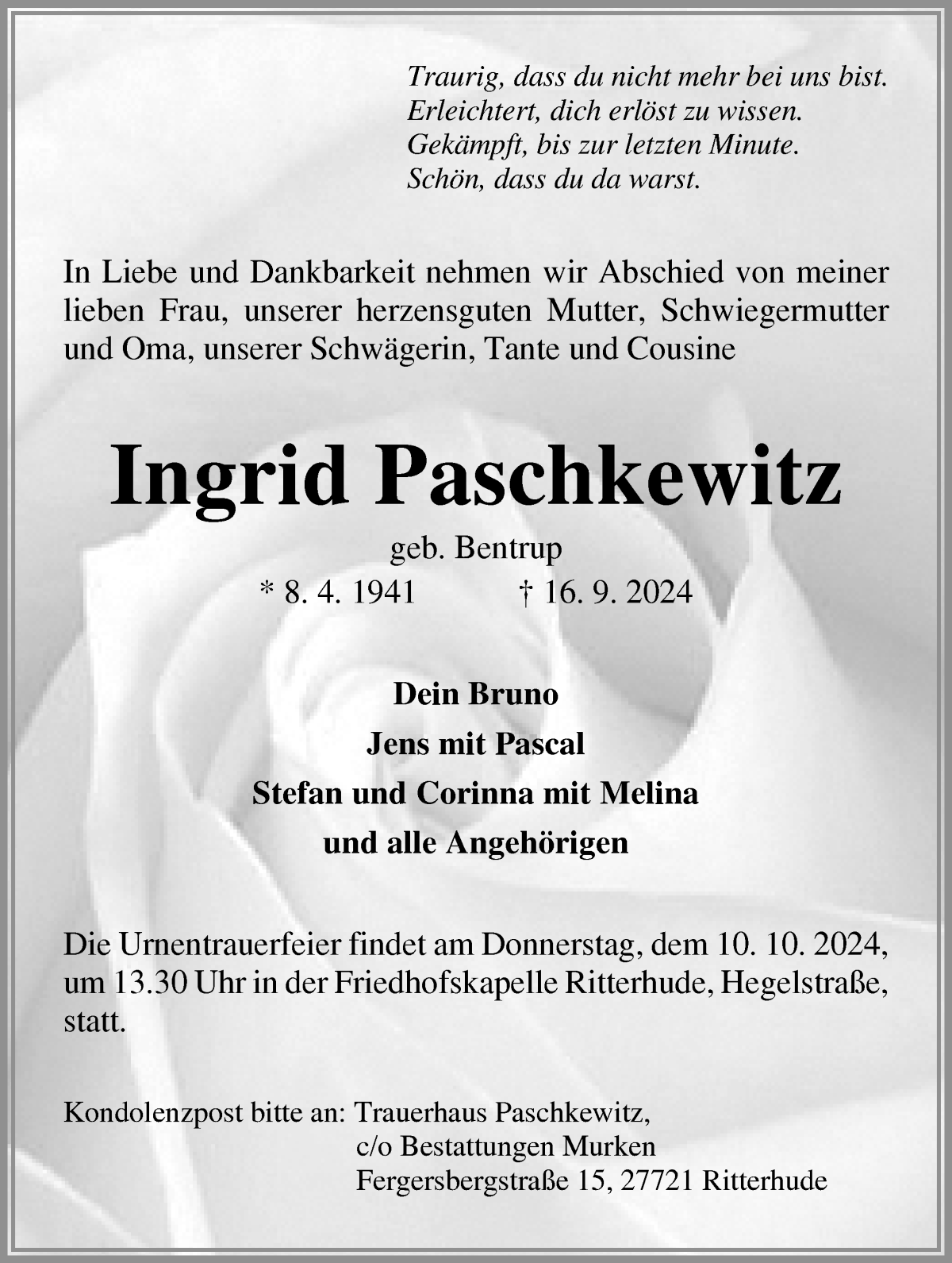 Traueranzeige von Ingrid Paschkewitz von Osterholzer Kreisblatt