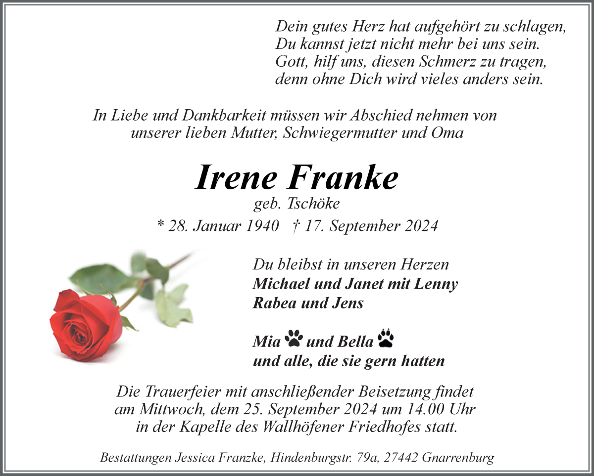 Traueranzeige von Irene Franke von Osterholzer Kreisblatt