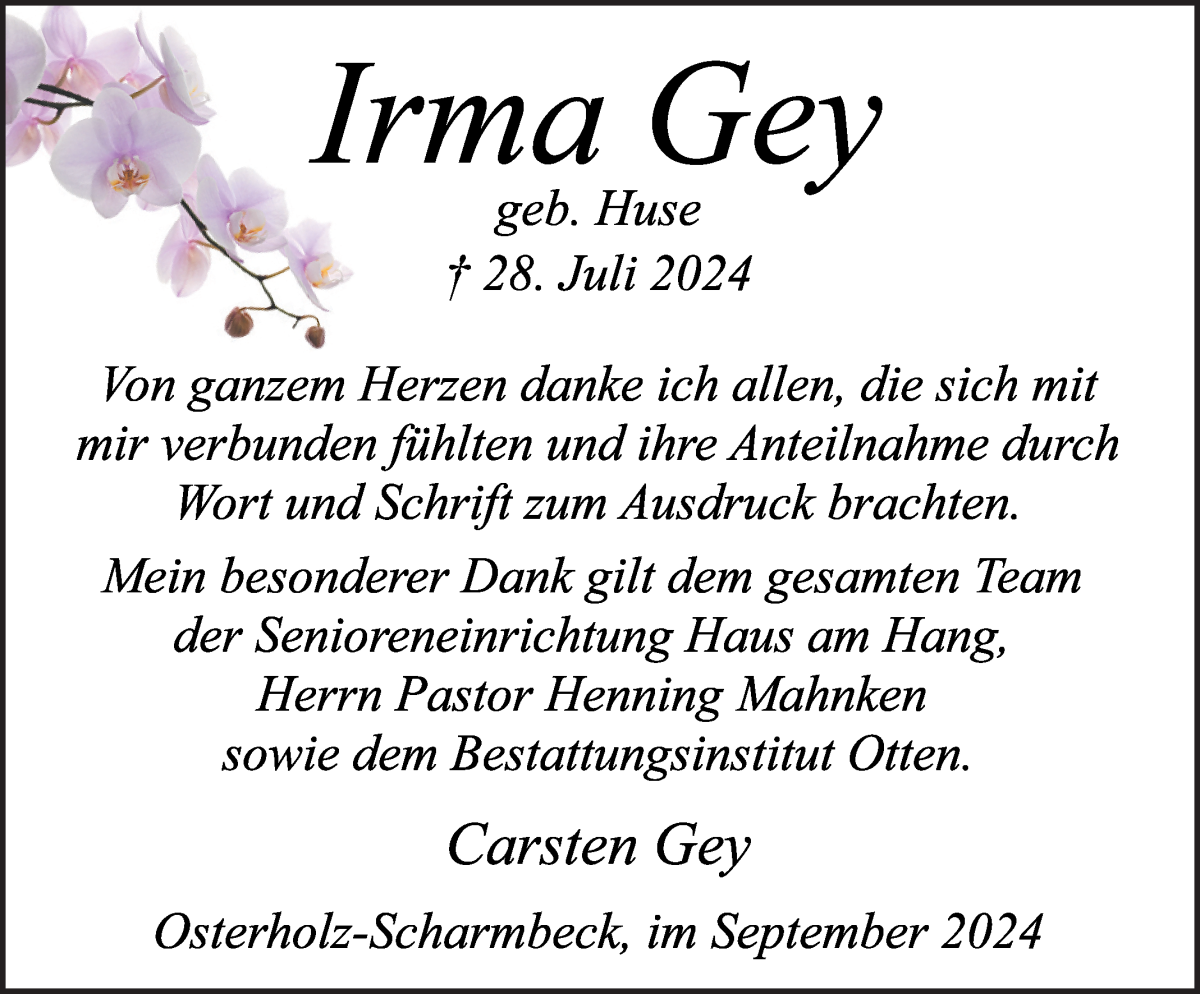 Traueranzeige von Irma Gey von Osterholzer Kreisblatt