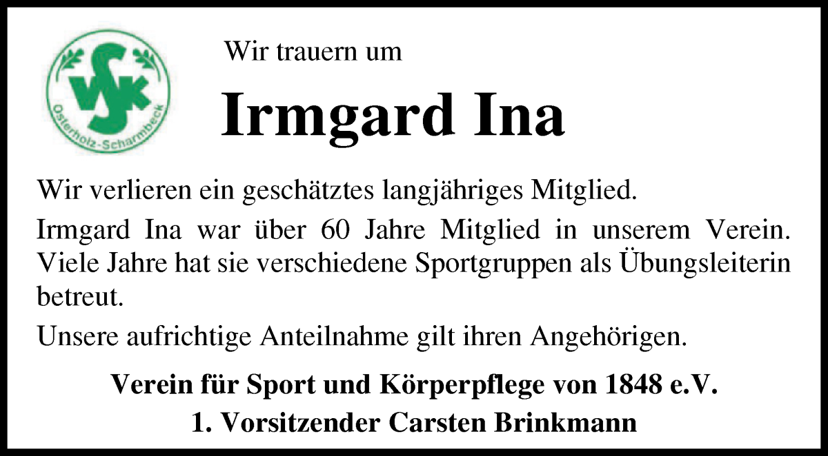 Traueranzeige von Irmgard Ina von Osterholzer Kreisblatt