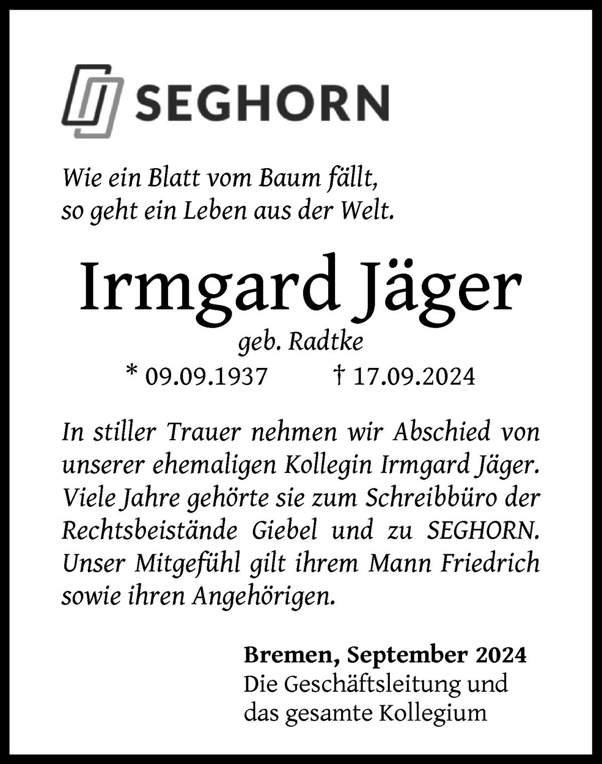 Traueranzeige von Irmgard Jäger von WESER-KURIER