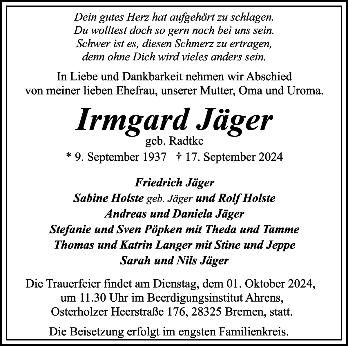 Traueranzeige von Irmgard Jäger von WESER-KURIER