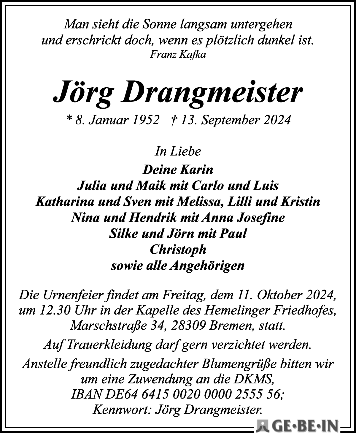 Traueranzeige von Jörg Drangmeister von WESER-KURIER